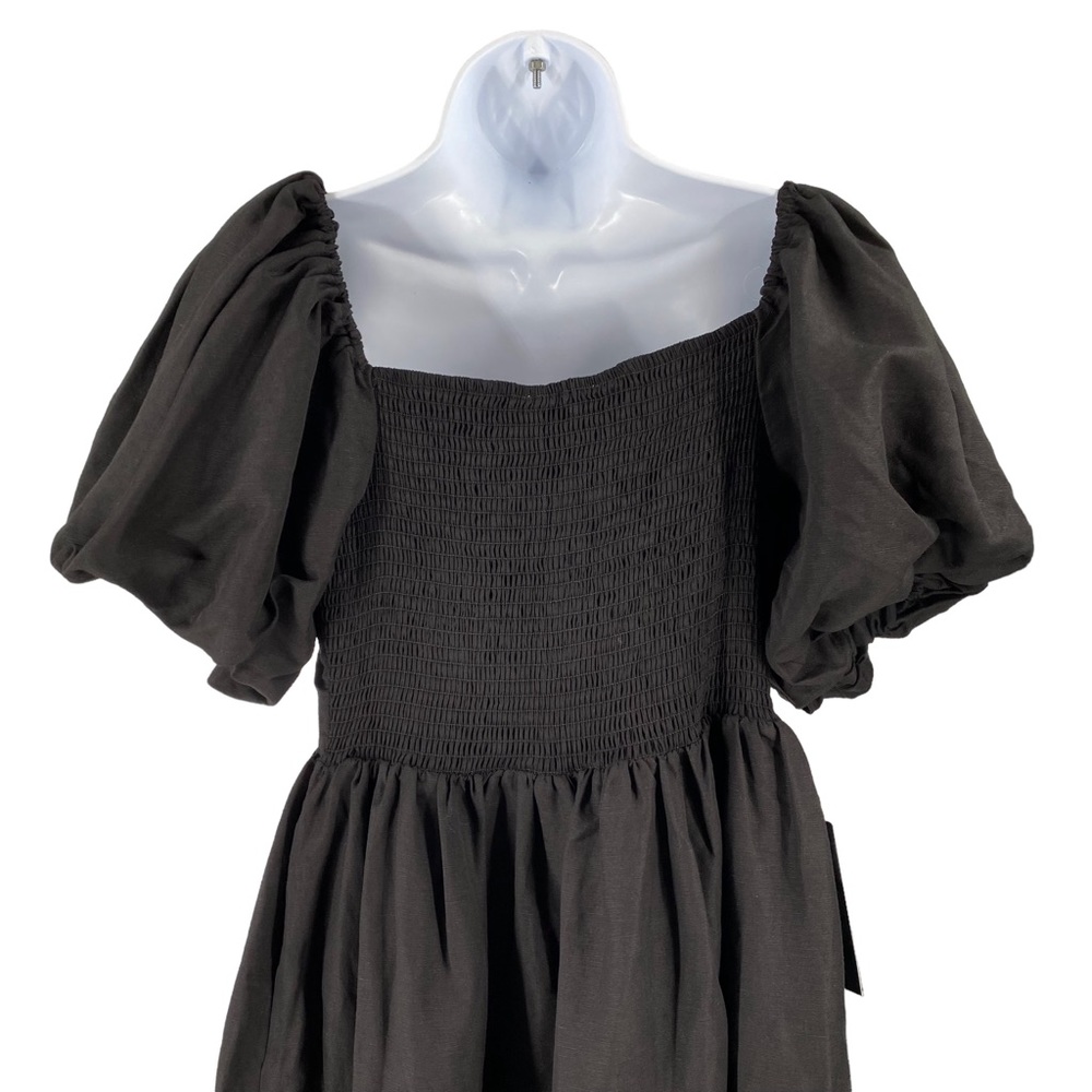 Pomander Place NEW Alexis Puff Sleeve Black Linen Pockets Midi Dress Size L - Picture 8 of 11